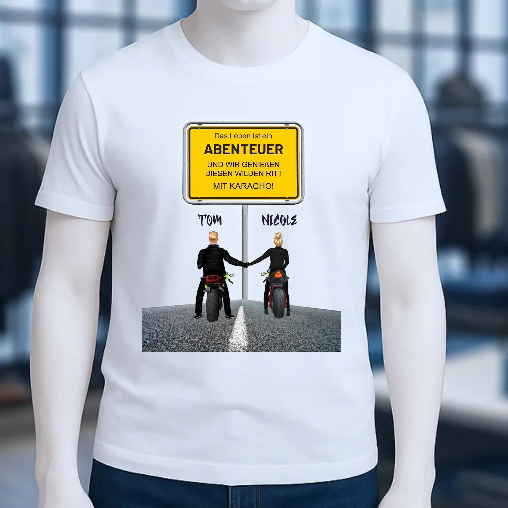 Ortsschild-Designer mit Motorrad-Couple • Unisex Premium T-Shirt XS-5XL aus Bio-Baumwolle für Damen & Herren