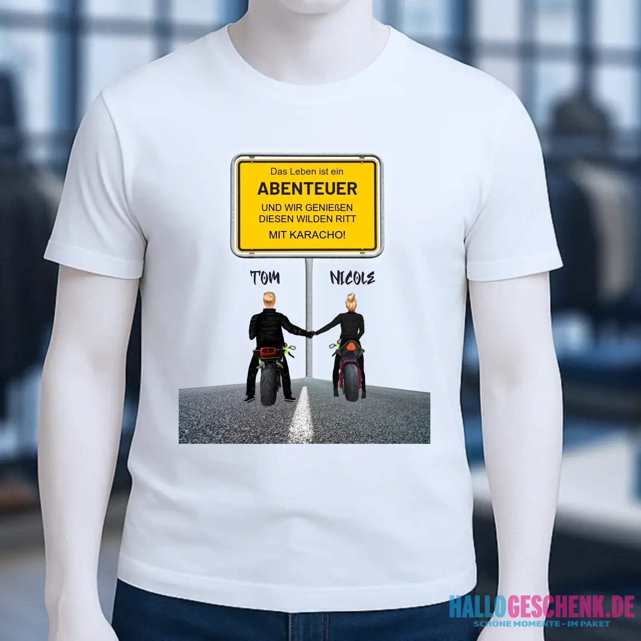 Ortsschild-Designer mit Motorrad-Couple • Unisex Premium T-Shirt XS-5XL aus Bio-Baumwolle für Damen & Herren