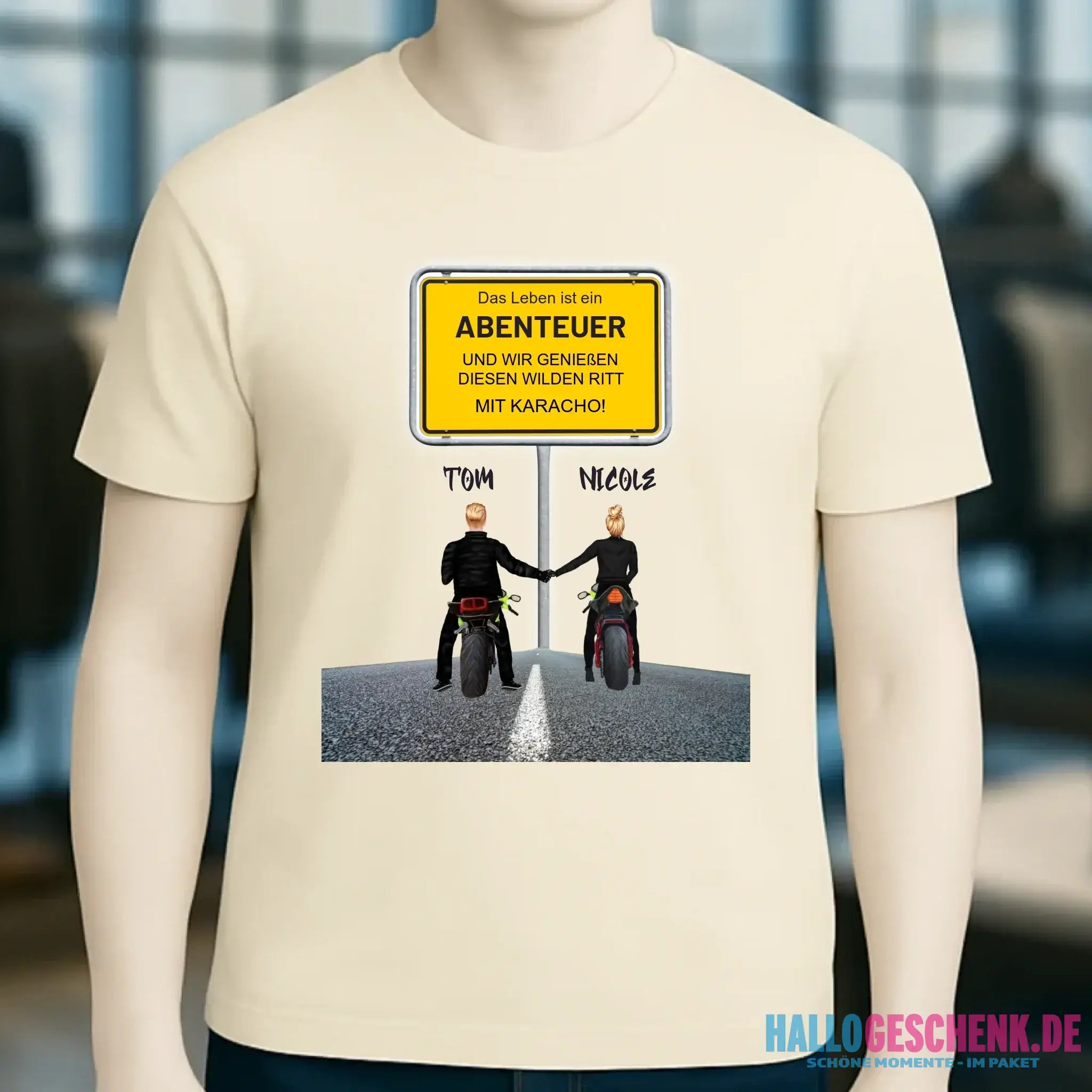 Ortsschild-Designer mit Motorrad-Couple • Unisex Premium T-Shirt XS-5XL aus Bio-Baumwolle für Damen & Herren