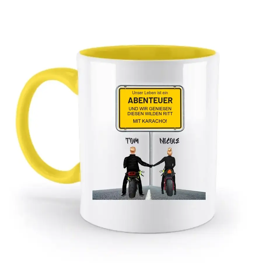 Ortsschild-Designer mit Motorrad-Couple • zweifarbige Tasse