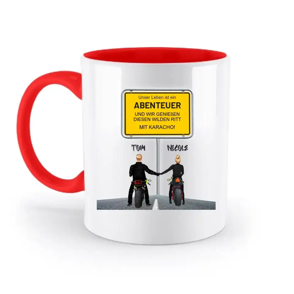 Ortsschild-Designer mit Motorrad-Couple • zweifarbige Tasse