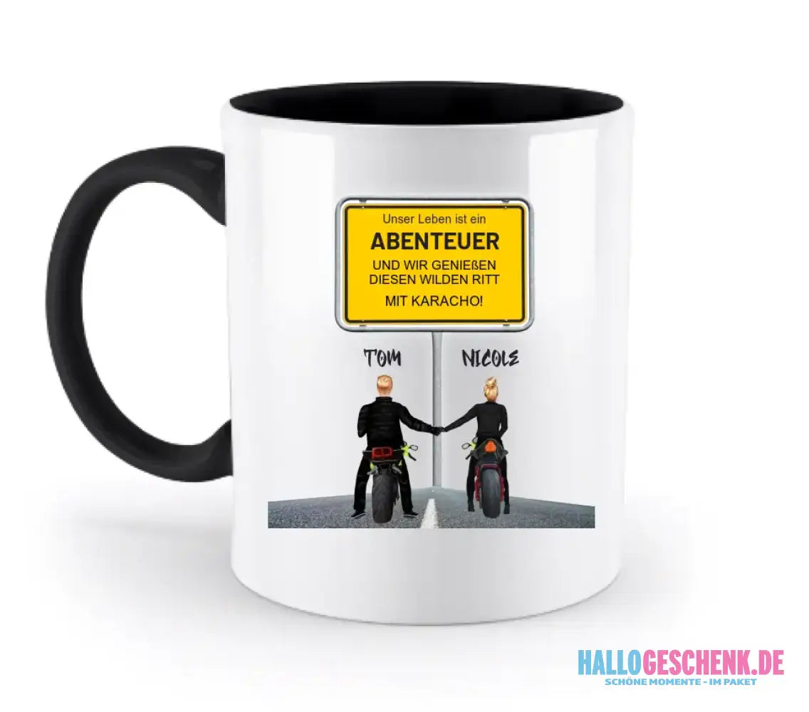 Ortsschild-Designer mit Motorrad-Couple • zweifarbige Tasse