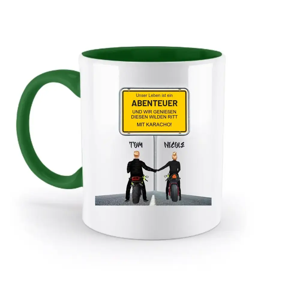 Ortsschild-Designer mit Motorrad-Couple • zweifarbige Tasse