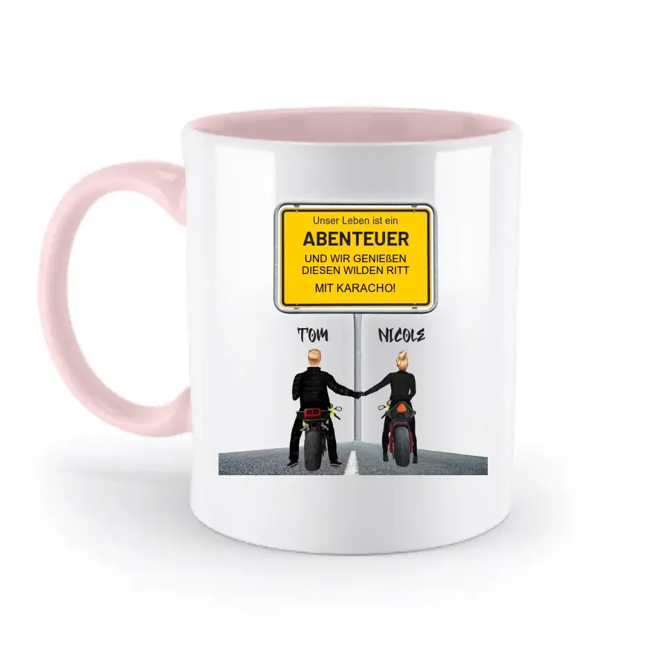 Ortsschild-Designer mit Motorrad-Couple • zweifarbige Tasse