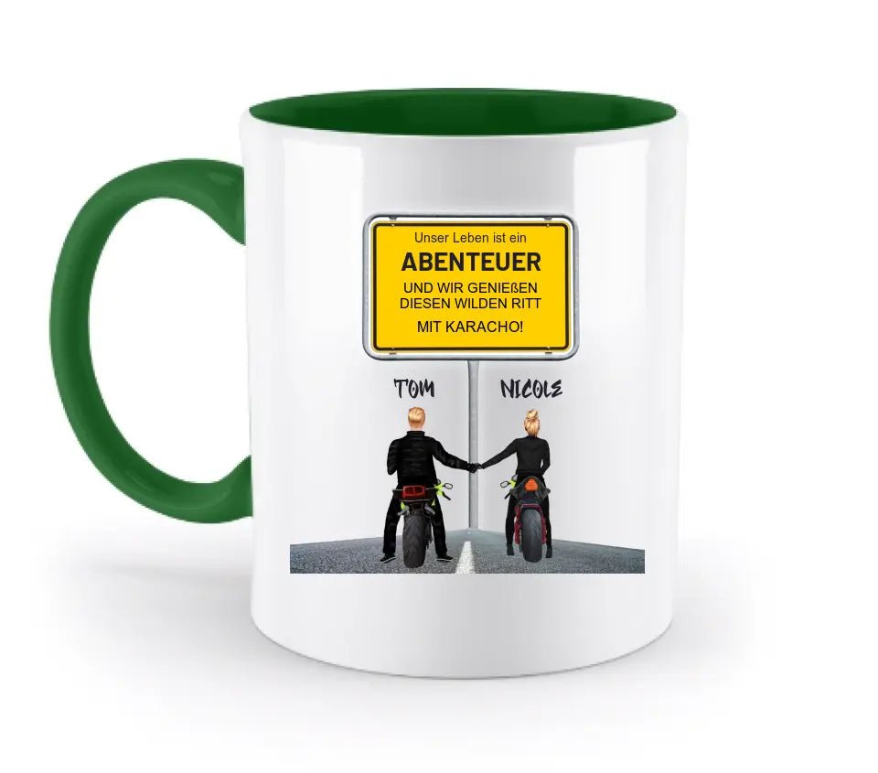 Ortsschild - Designer mit Motorrad - Couple • zweifarbige Tasse - HalloGeschenk.de