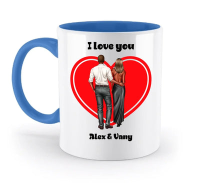 Paar-Design: Abendkleidung Couple (personalisierbare Figuren) - Zweifarbige Tasse / Blue / 330ml - personalisierbare
