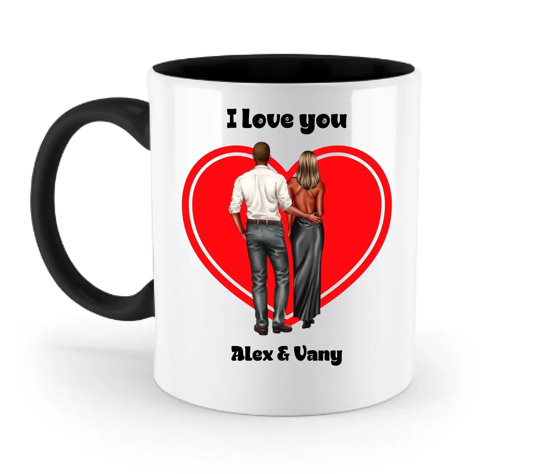 Paar-Design: Abendkleidung Couple (personalisierbare Figuren) - Zweifarbige Tasse / Black / 330ml - personalisierbare