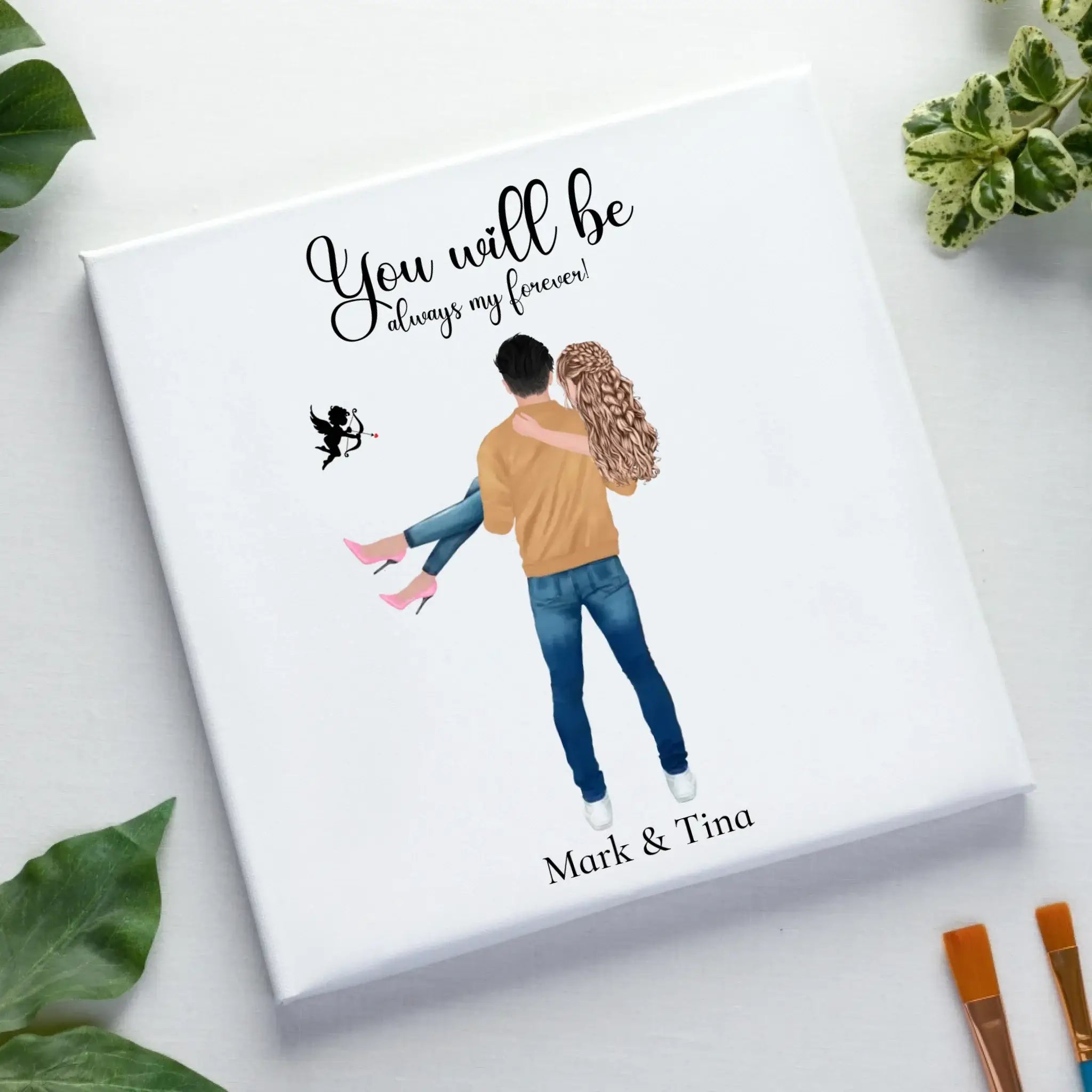 Paar-Design: Carry my Love (personalisierbare Figuren) - Leinwand auf Holzkeilrahmen / Standard / 20cm-x-20xm