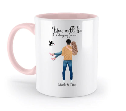 Paar-Design: Carry my Love (personalisierbare Figuren) - Zweifarbige Tasse / Powder-Pink / 330ml - personalisierbare