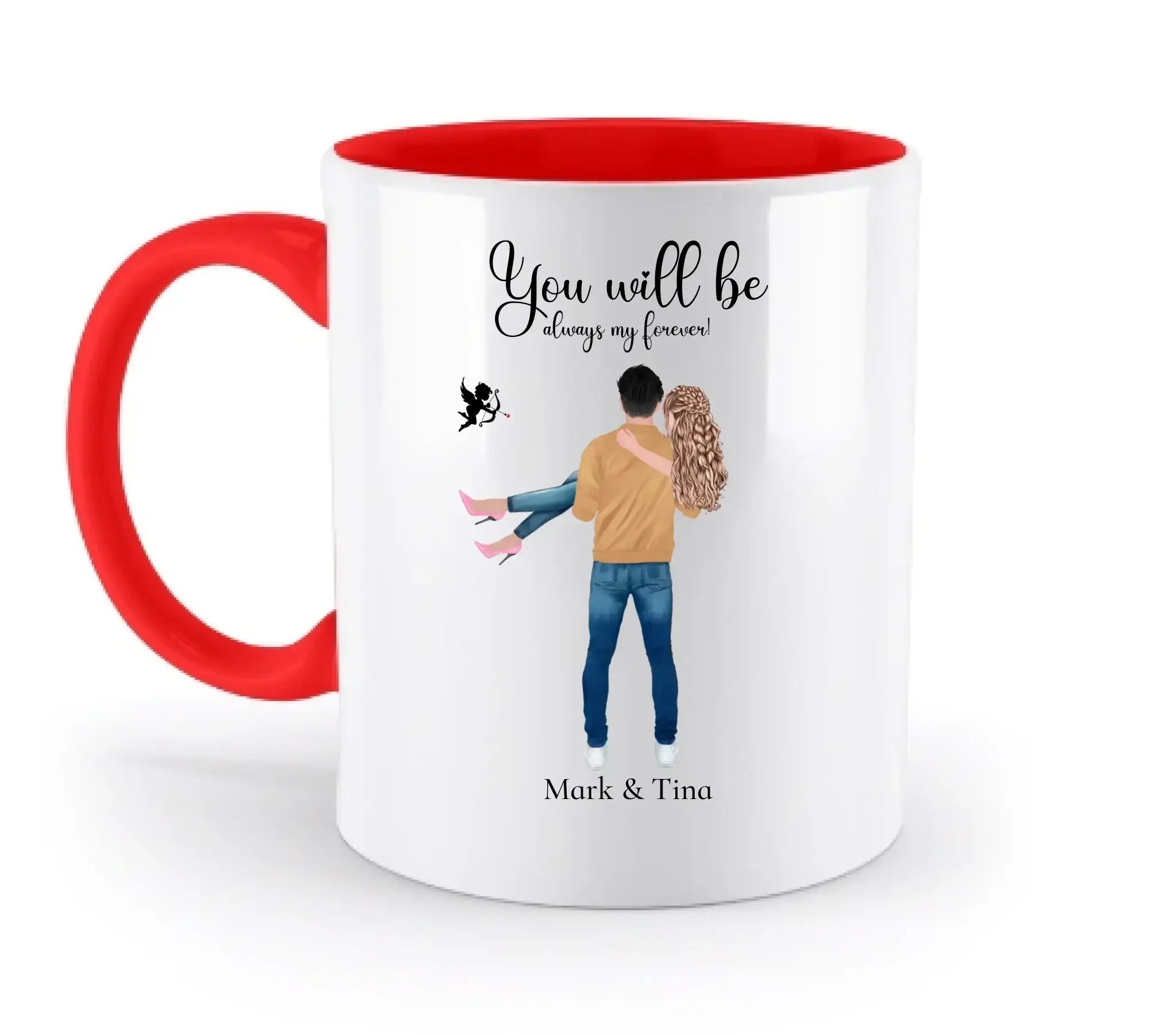 Paar-Design: Carry my Love (personalisierbare Figuren) - Zweifarbige Tasse / Rubin-Red / 330ml - personalisierbare