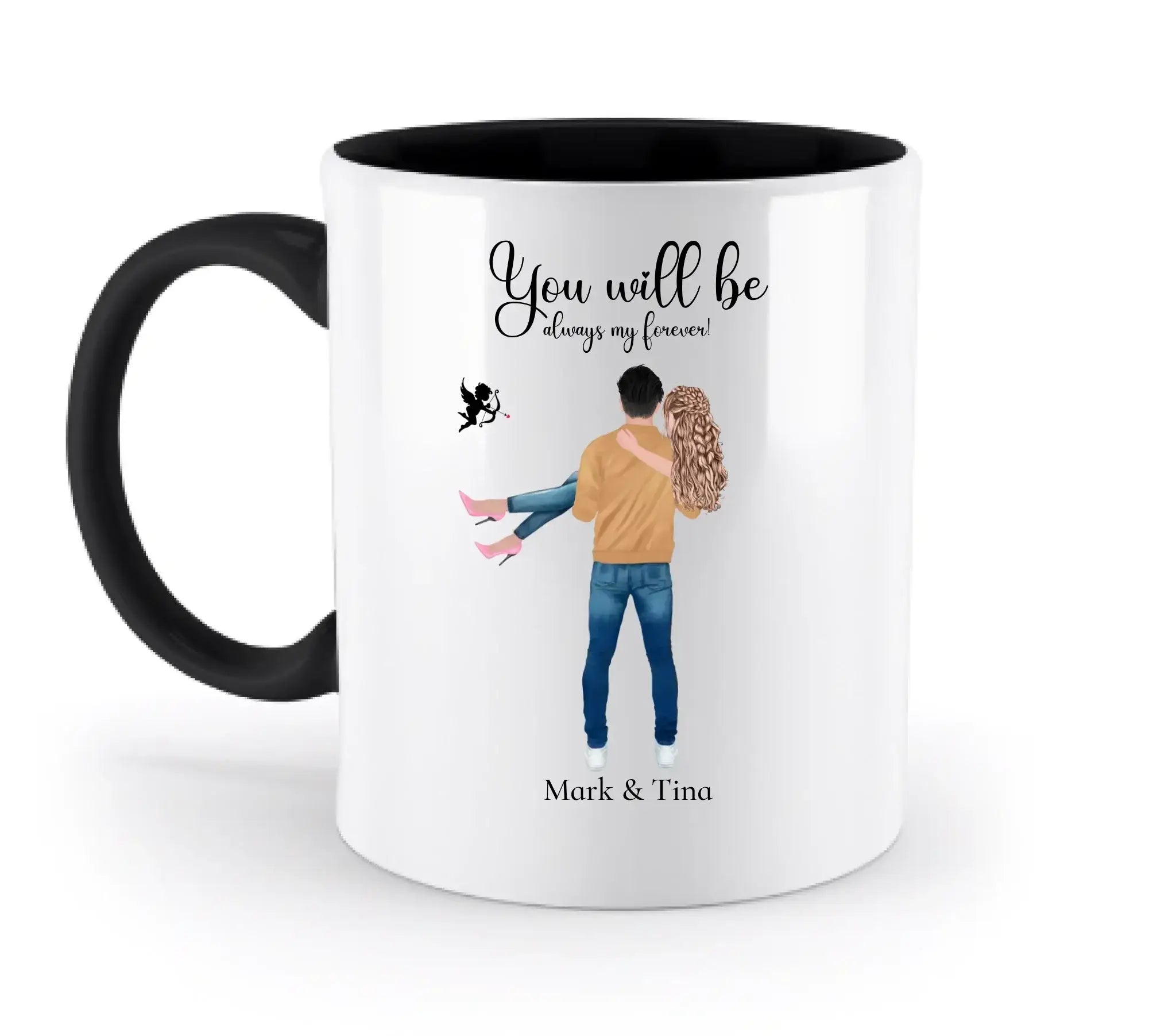 Paar-Design: Carry my Love (personalisierbare Figuren) - Zweifarbige Tasse / Black / 330ml - personalisierbare Figuren