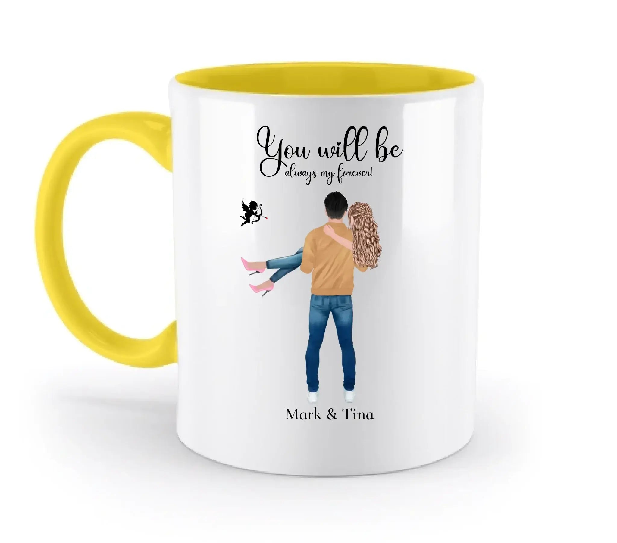 Paar-Design: Carry my Love (personalisierbare Figuren) - Zweifarbige Tasse / Yellow / 330ml - personalisierbare Figuren