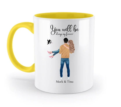Paar-Design: Carry my Love (personalisierbare Figuren) - Zweifarbige Tasse / Yellow / 330ml - personalisierbare Figuren