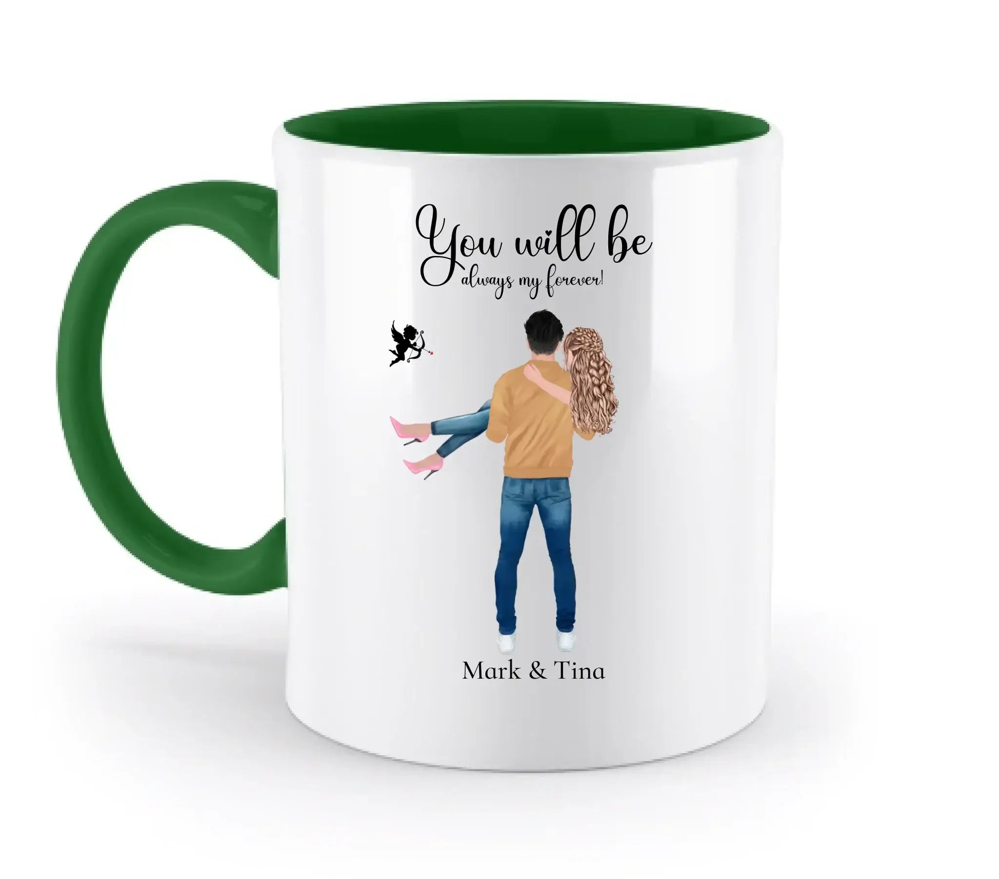 Paar-Design: Carry my Love (personalisierbare Figuren) - Zweifarbige Tasse / Irish-Green / 330ml - personalisierbare