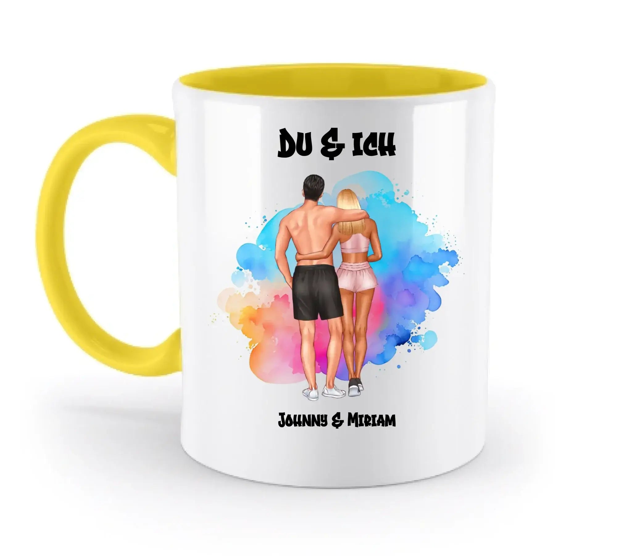 Paar-Design: Fitness Couple (personalisierbare Figuren) - Zweifarbige Tasse / Yellow / 330ml - personalisierbare Figuren
