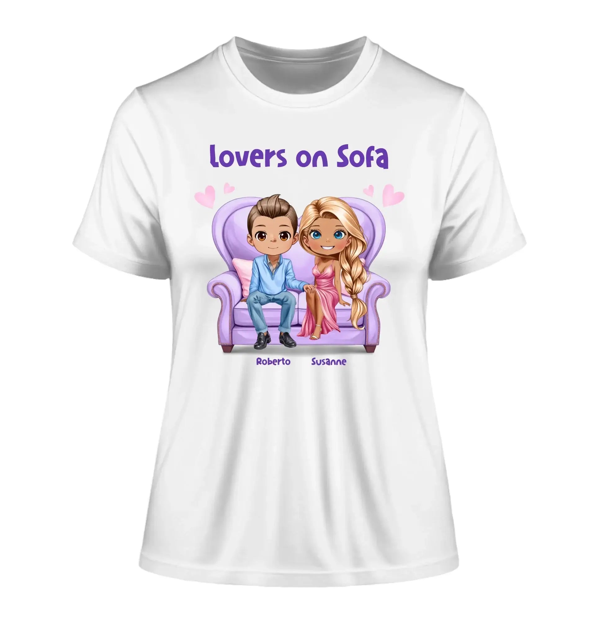 Paar-Design: Lovers on Sofa mit Geschlechtswahl • (2-4 personalisierbare Figuren) - Damen T-Shirt (Fitted) • Bio