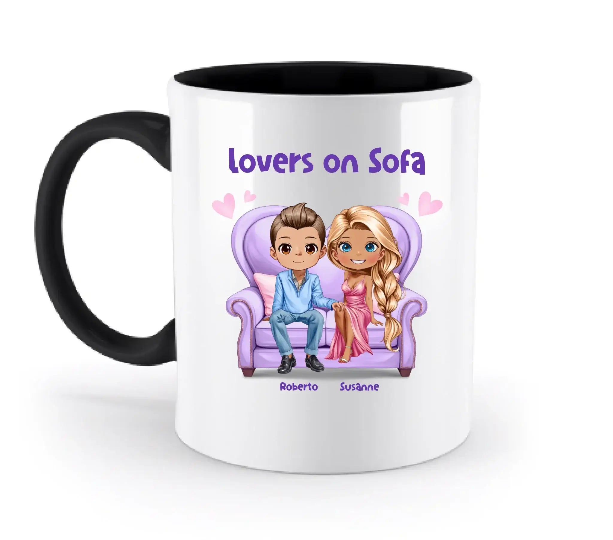 Paar-Design: Lovers on Sofa mit Geschlechtswahl • (2-4 personalisierbare Figuren) - Zweifarbige Tasse / Black / 330ml