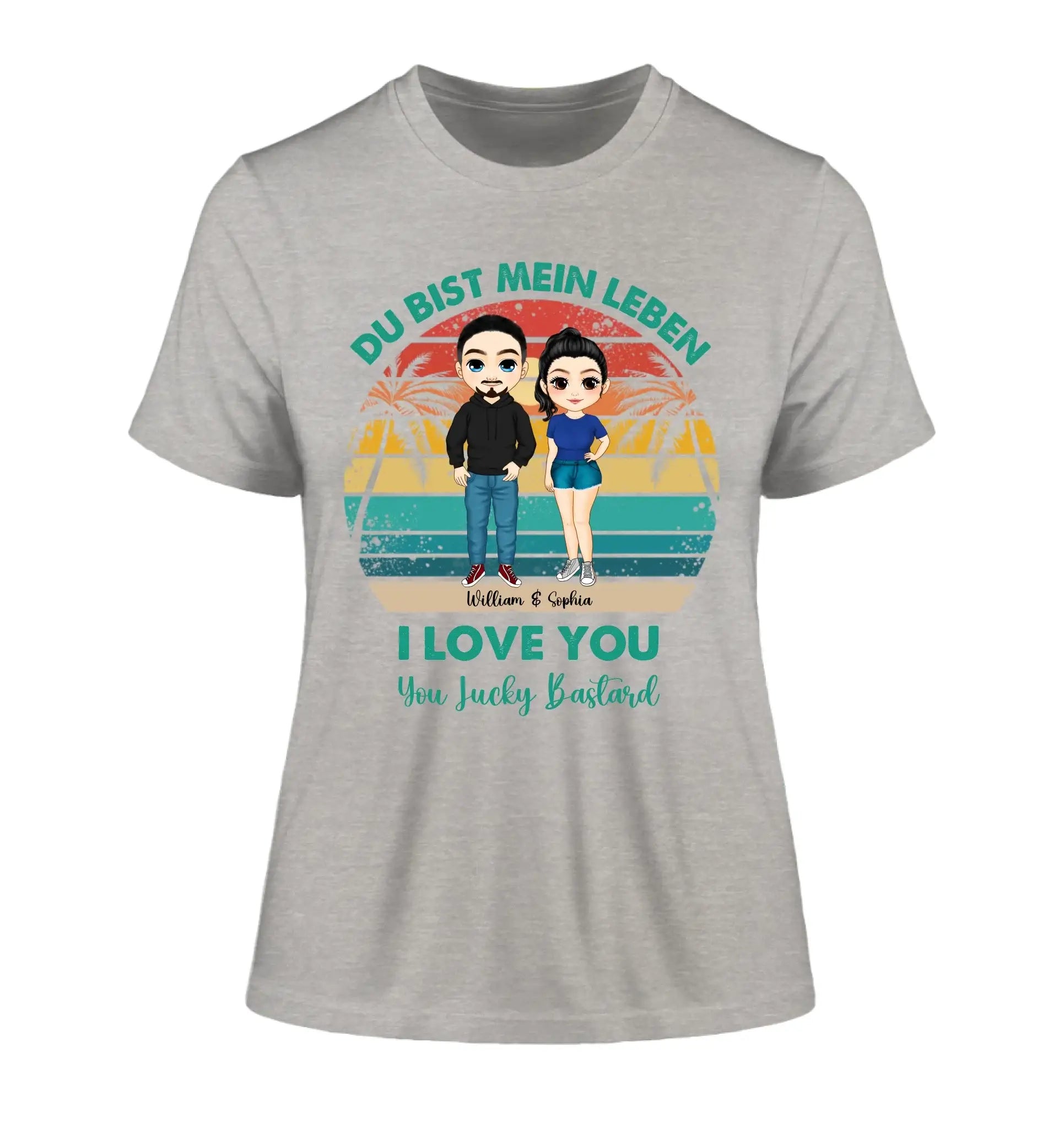 Paar-Design: Retro Palmen Couple (personalisierbare Figuren) - Damen T-Shirt (Fitted) • Bio / Heather Grey / 2XL