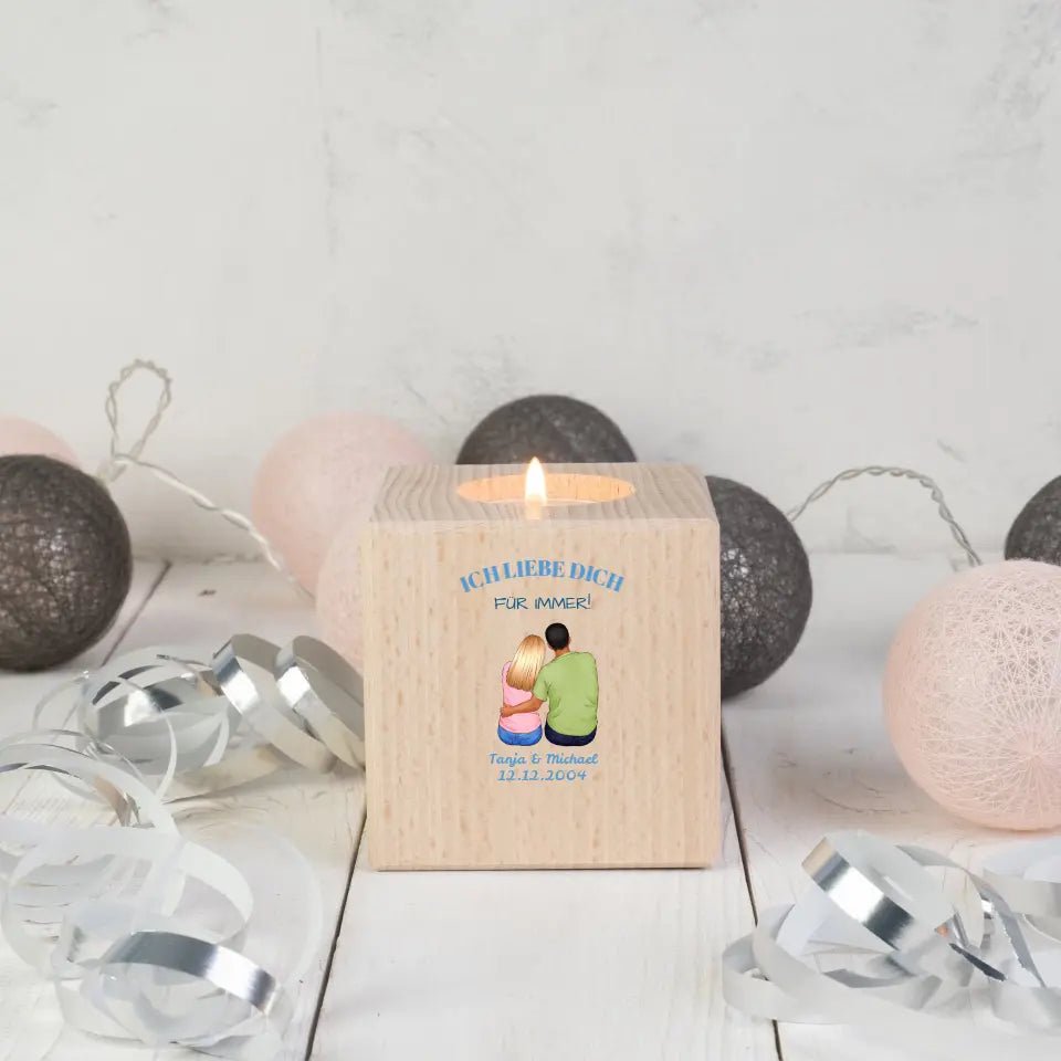 Paar Designer 2: Teelichthalter, Würfel aus Holz (Kerze, Kerzenständer) - HalloGeschenk.de #geschenkideen# #personalisiert# #geschenk#