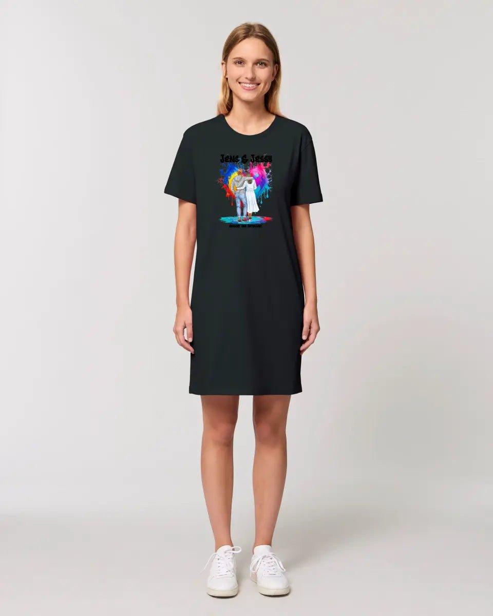 Paar Designer Fashion - Look, personalisierbar: T - Shirt Kleid aus Bio Baumwolle in 4 Farben XS - XXL / Organic Shirt Dress - HalloGeschenk.de #geschenkideen# #personalisiert# #geschenk#