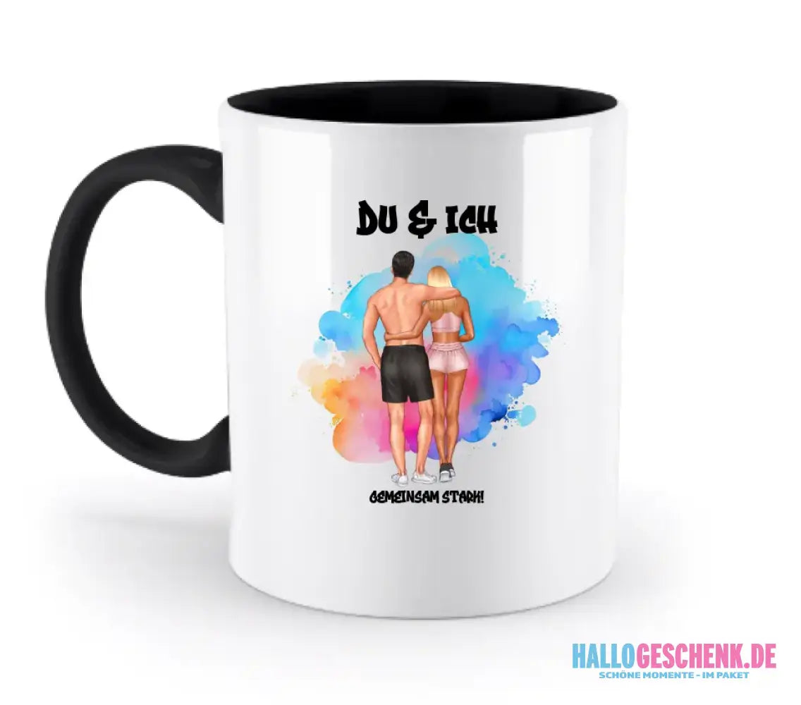 Paar Designer Fitness Couple, personalisierbar: Zweifarbige Tasse 330ml mit farbigem Innendruck
