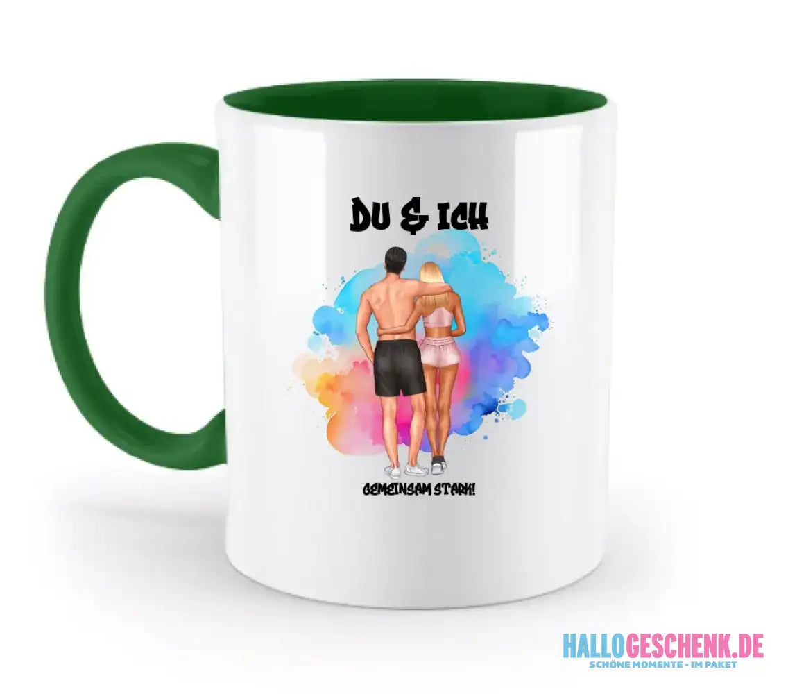 Paar Designer Fitness Couple, personalisierbar: Zweifarbige Tasse 330ml mit farbigem Innendruck