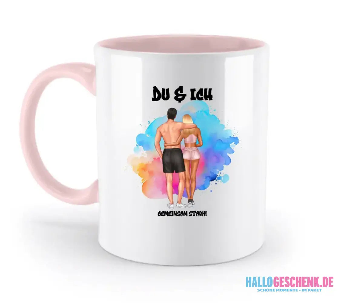 Paar Designer Fitness Couple, personalisierbar: Zweifarbige Tasse 330ml mit farbigem Innendruck
