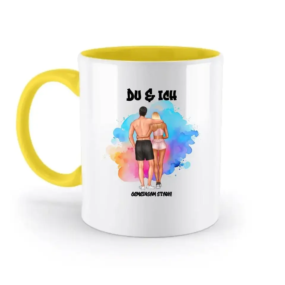 Paar Designer Fitness Couple, personalisierbar: Zweifarbige Tasse 330ml mit farbigem Innendruck