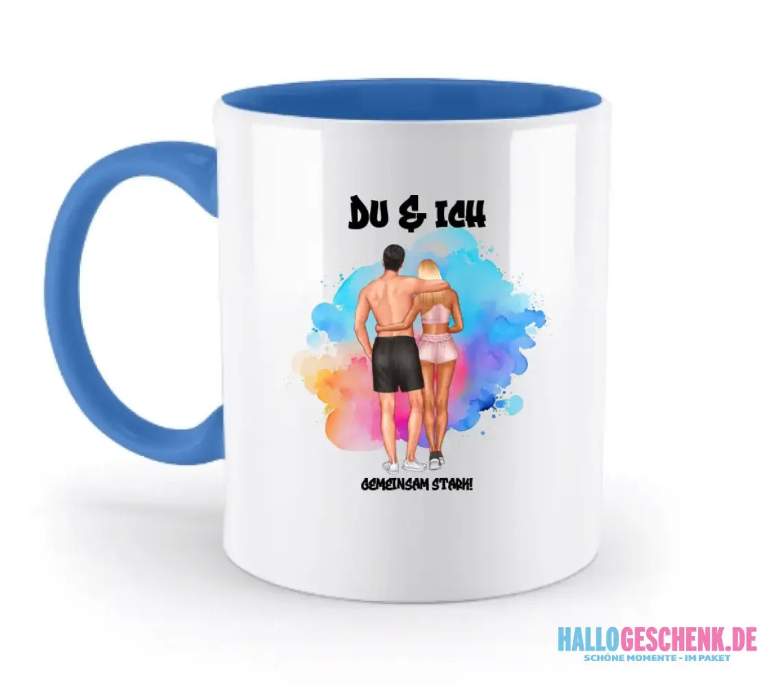 Paar Designer Fitness Couple, personalisierbar: Zweifarbige Tasse 330ml mit farbigem Innendruck