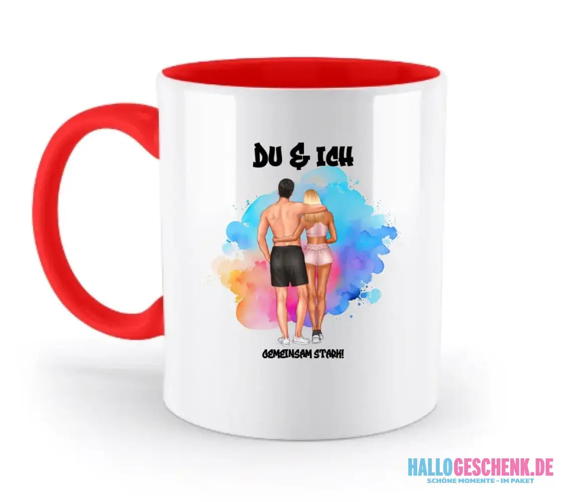 Paar Designer Fitness Couple, personalisierbar: Zweifarbige Tasse 330ml mit farbigem Innendruck