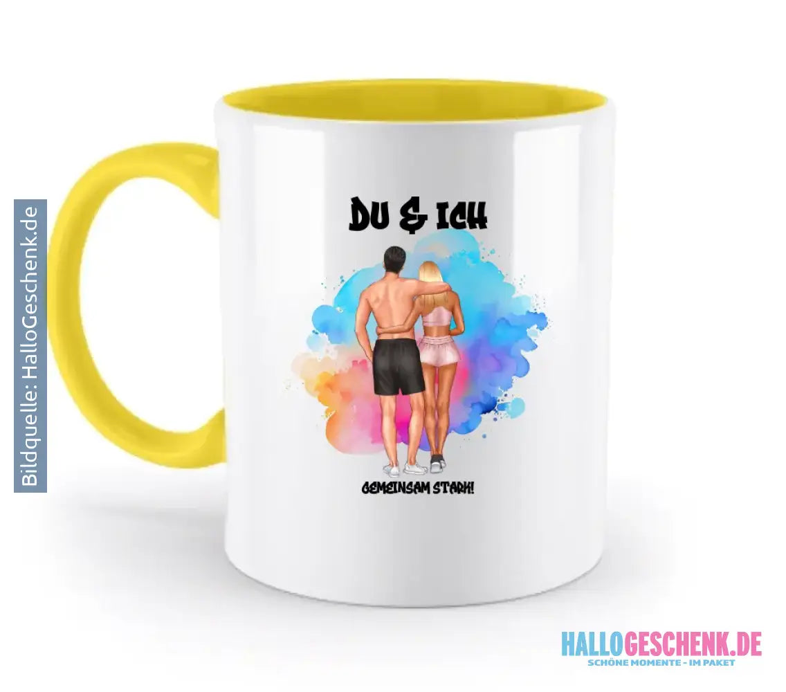 Paar Designer Fitness Couple, personalisierbar: Zweifarbige Tasse 330ml mit farbigem Innendruck