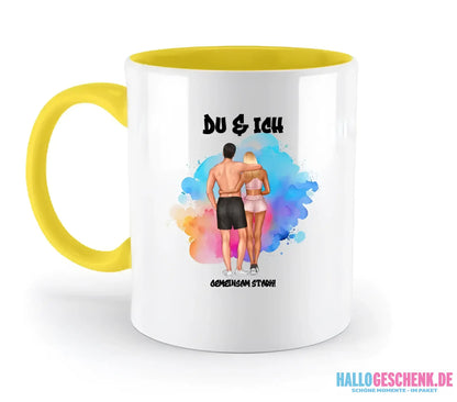 Paar Designer Fitness Couple, personalisierbar: Zweifarbige Tasse 330ml mit farbigem Innendruck