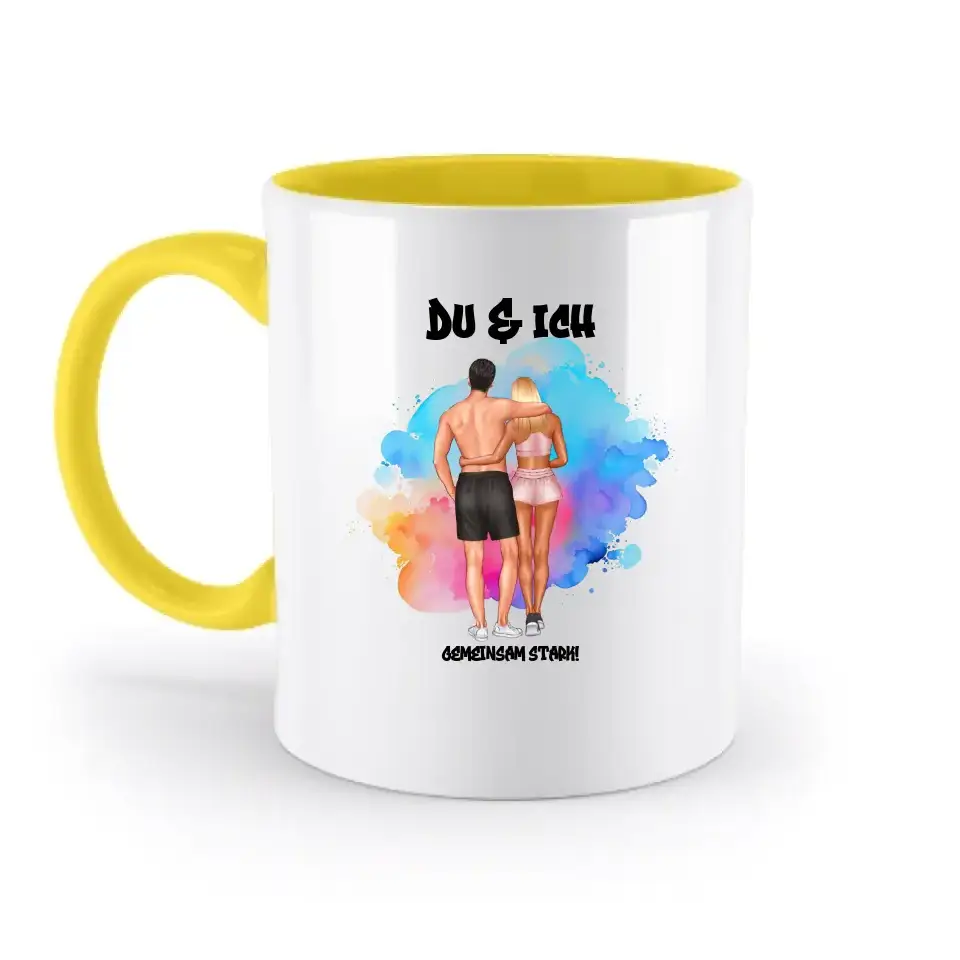 Paar Designer Fitness Couple, personalisierbar: Zweifarbige Tasse 330ml mit farbigem Innendruck