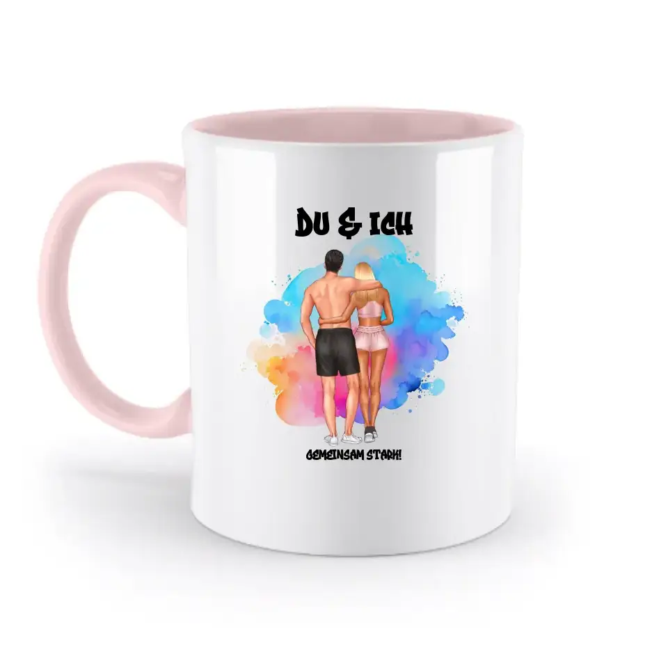 Paar Designer Fitness Couple, personalisierbar: Zweifarbige Tasse 330ml mit farbigem Innendruck