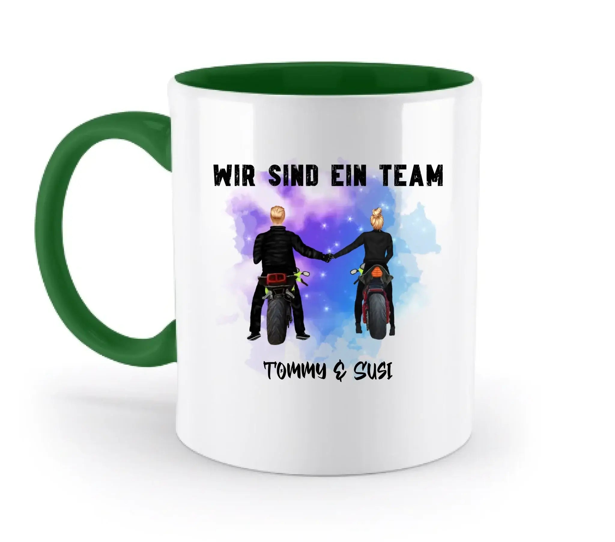 Paar mit Motorrad Couple • 4 Motive verfügbar • (personalisierbare Figuren) - Zweifarbige Tasse / Irish-Green / 330ml