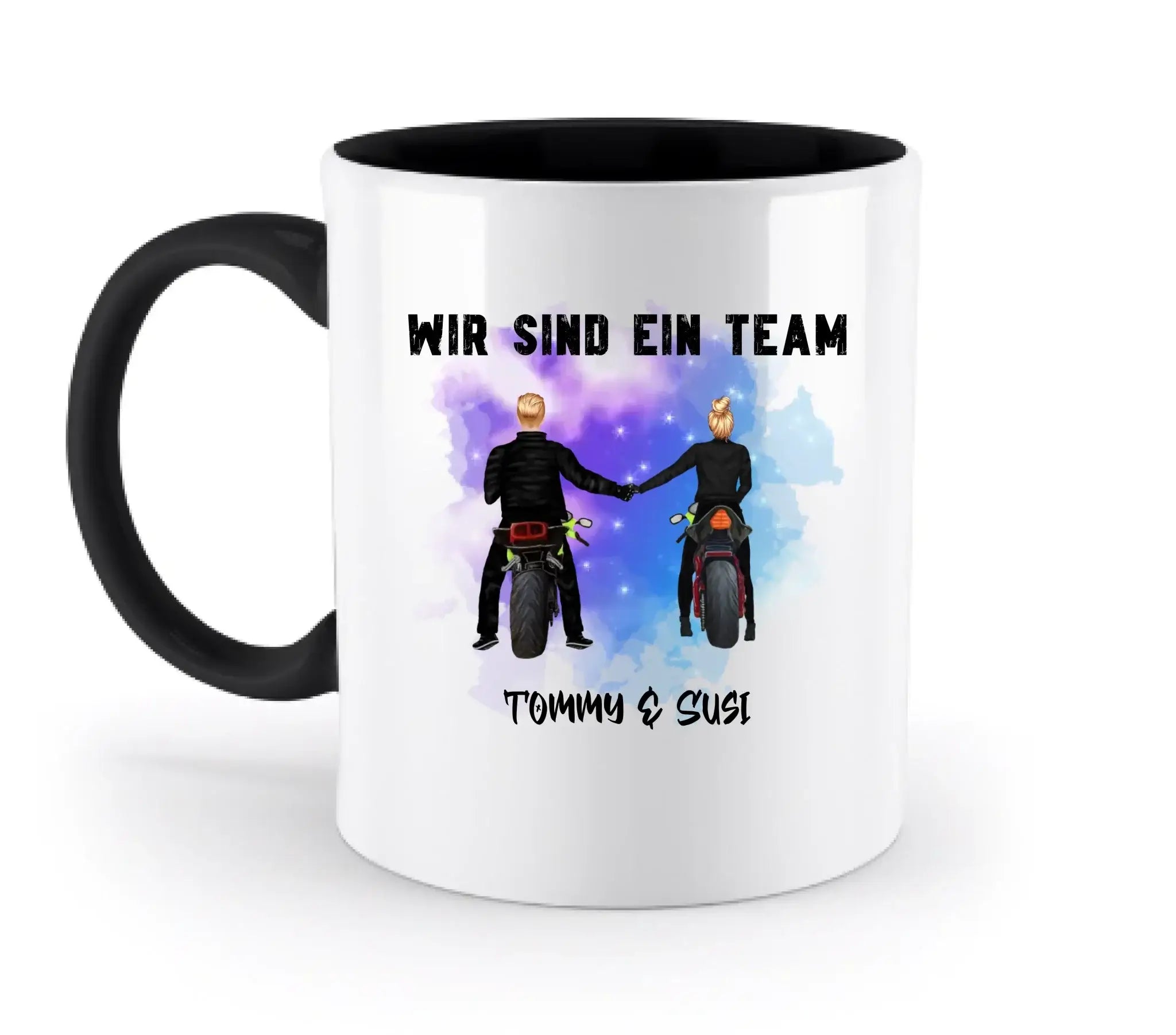 Paar mit Motorrad Couple • 4 Motive verfügbar • (personalisierbare Figuren) - Zweifarbige Tasse / Black / 330ml