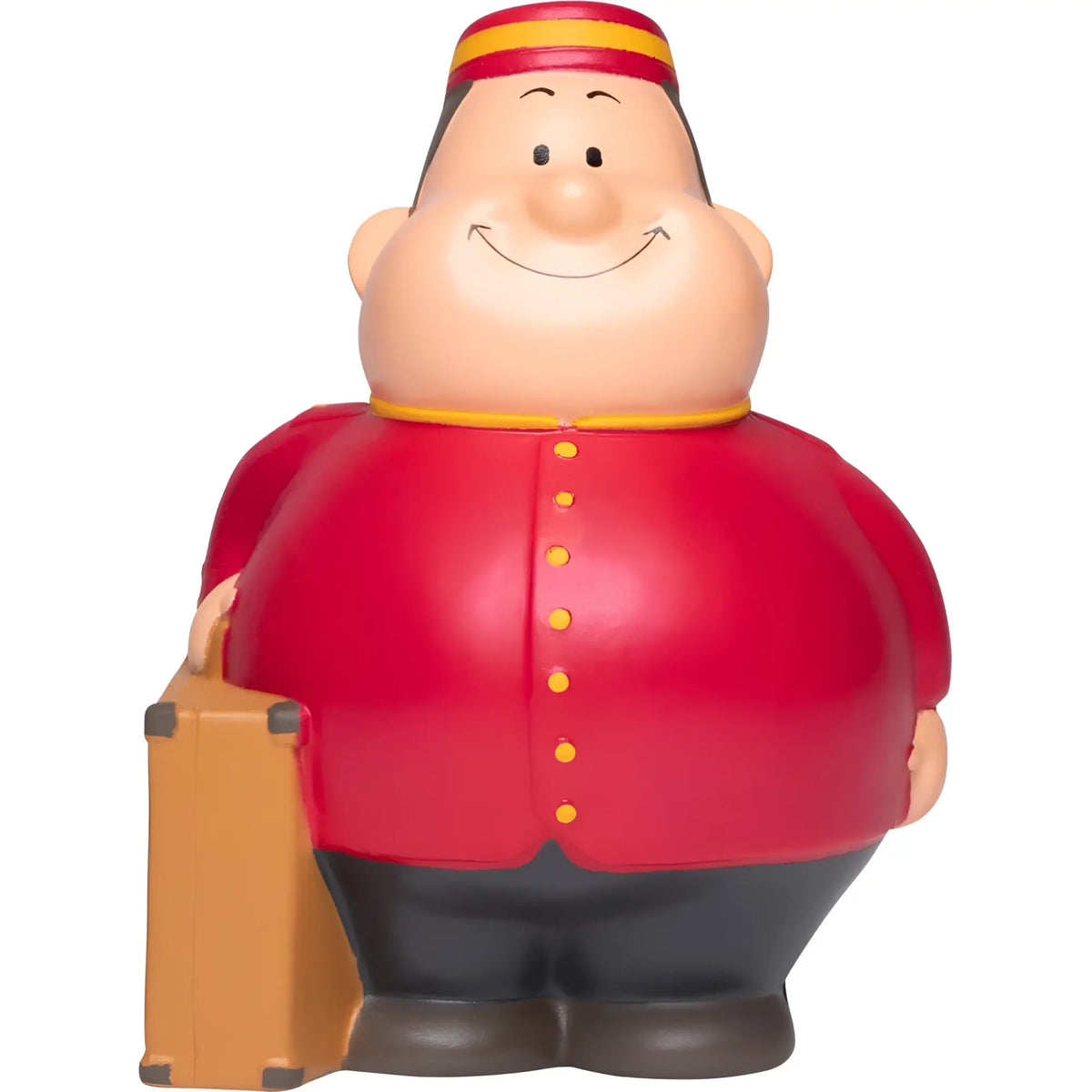 Rote und gelbe page bert anti-stress-figur als klingelknopf mit lächelndem gesicht und koffer aus gummi