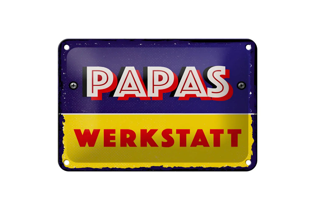 Vintage style blechschild papas werkstatt mit rot weißen buchstaben auf geteiltem blau gelbem hintergrund 20x30cm