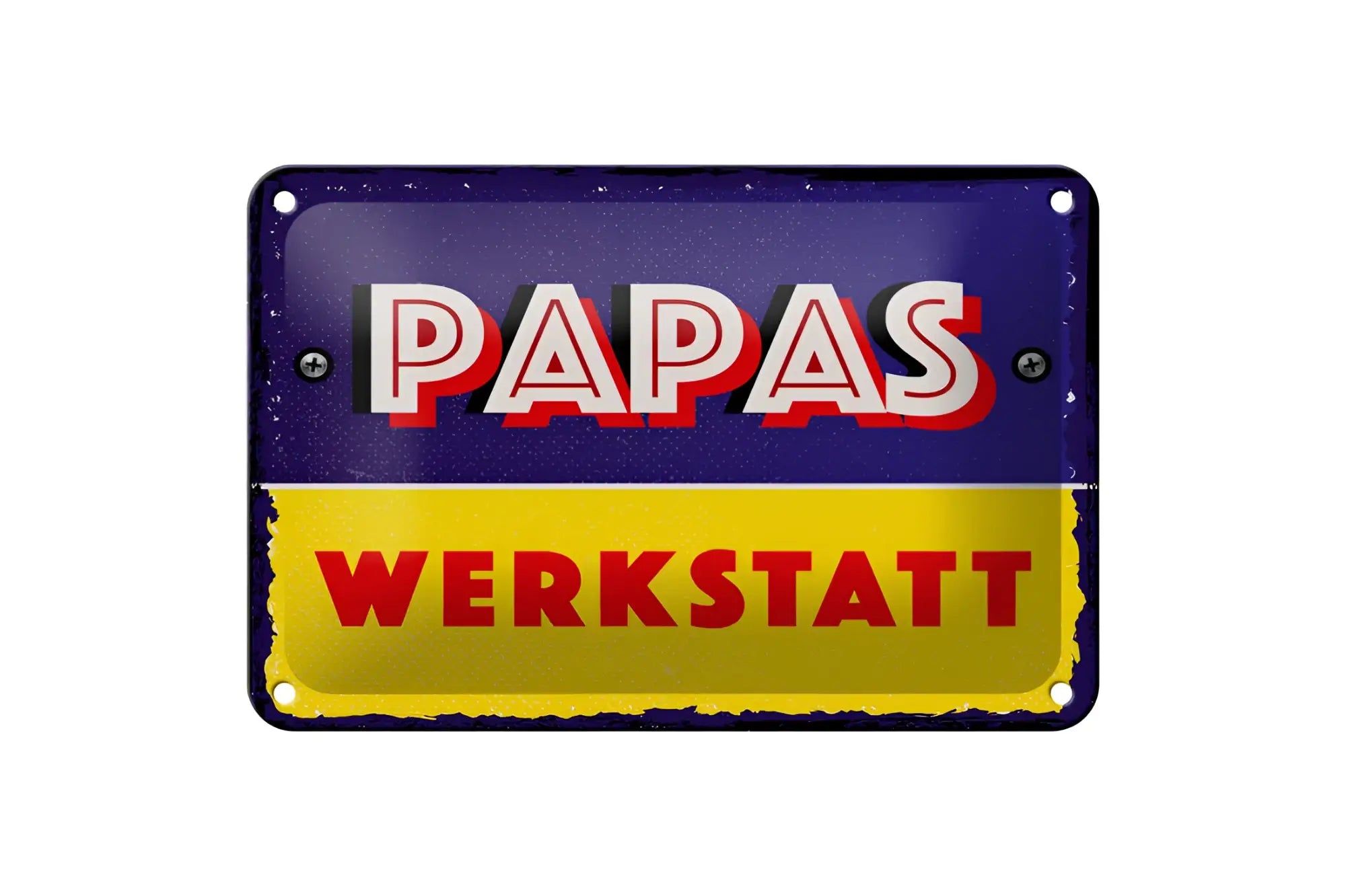 Vintage style blechschild papas werkstatt mit rot weißen buchstaben auf geteiltem blau gelbem hintergrund 20x30cm