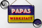 Vintage-blechschild papas werkstatt in blau und gelb mit roter schrift 20x30cm aus emaille