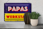Vintage blechschild 20x30cm papas werkstatt in blau und gelb mit roten buchstaben