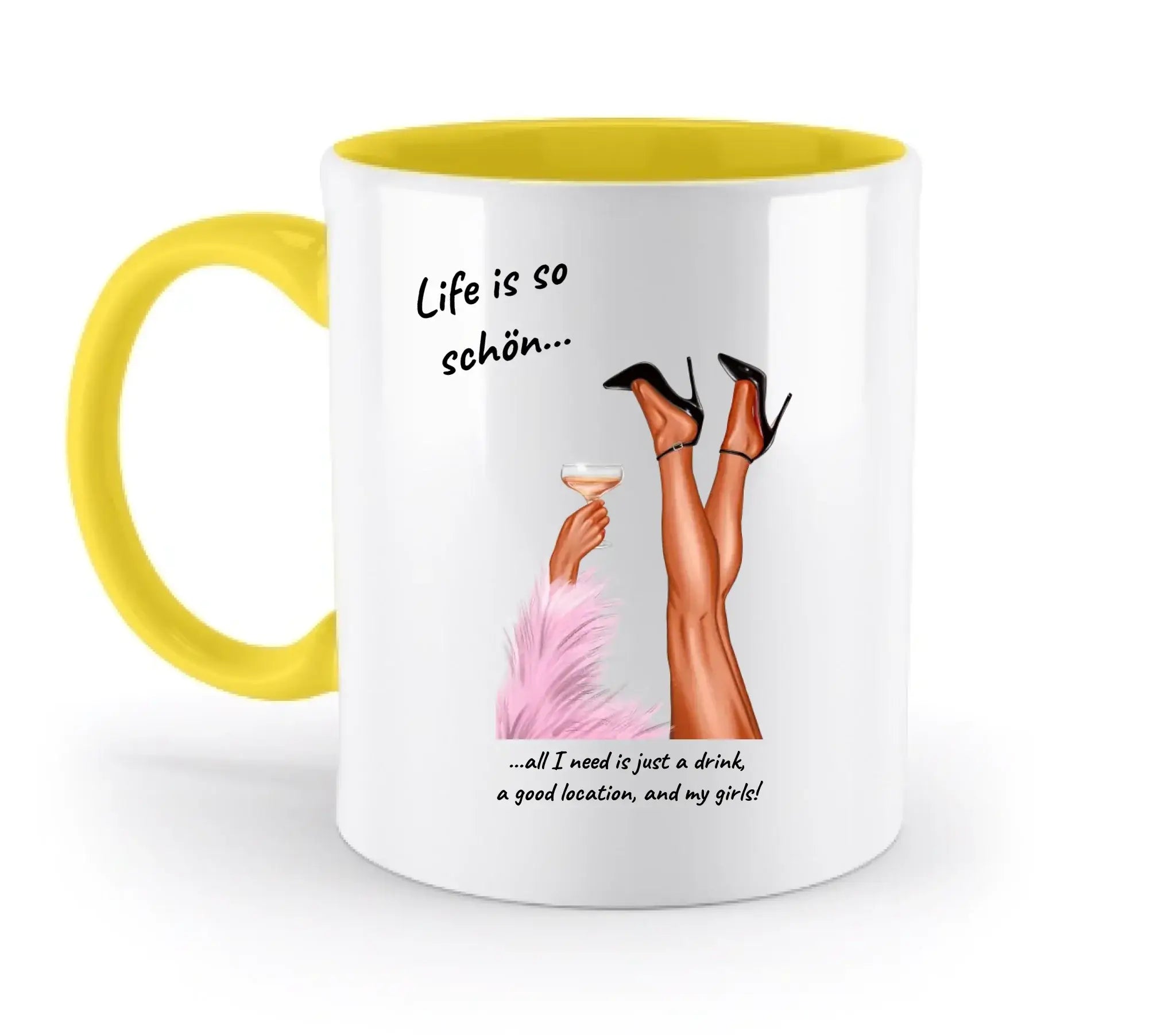PARTY LEGS: Das ’Schöne Beine’-Motiv (personalisierbare Figuren) - Zweifarbige Tasse / Yellow / 330ml