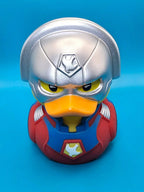 Silber rot peacemaker tubbz sammlerente mit metallhelm gelben augen und blauem brustpanzer aus pvc offizielles lizenzprodukt