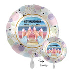 Personalisierbarer pastel zweifarbiger folie luftballon mit illustration von füßen in rosa schuhen am strand und goldpunkten