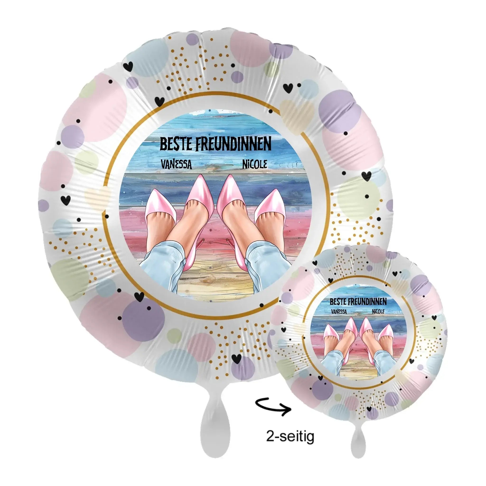 Personalisierbarer pastel zweifarbiger folie luftballon mit illustration von füßen in rosa schuhen am strand und goldpunkten