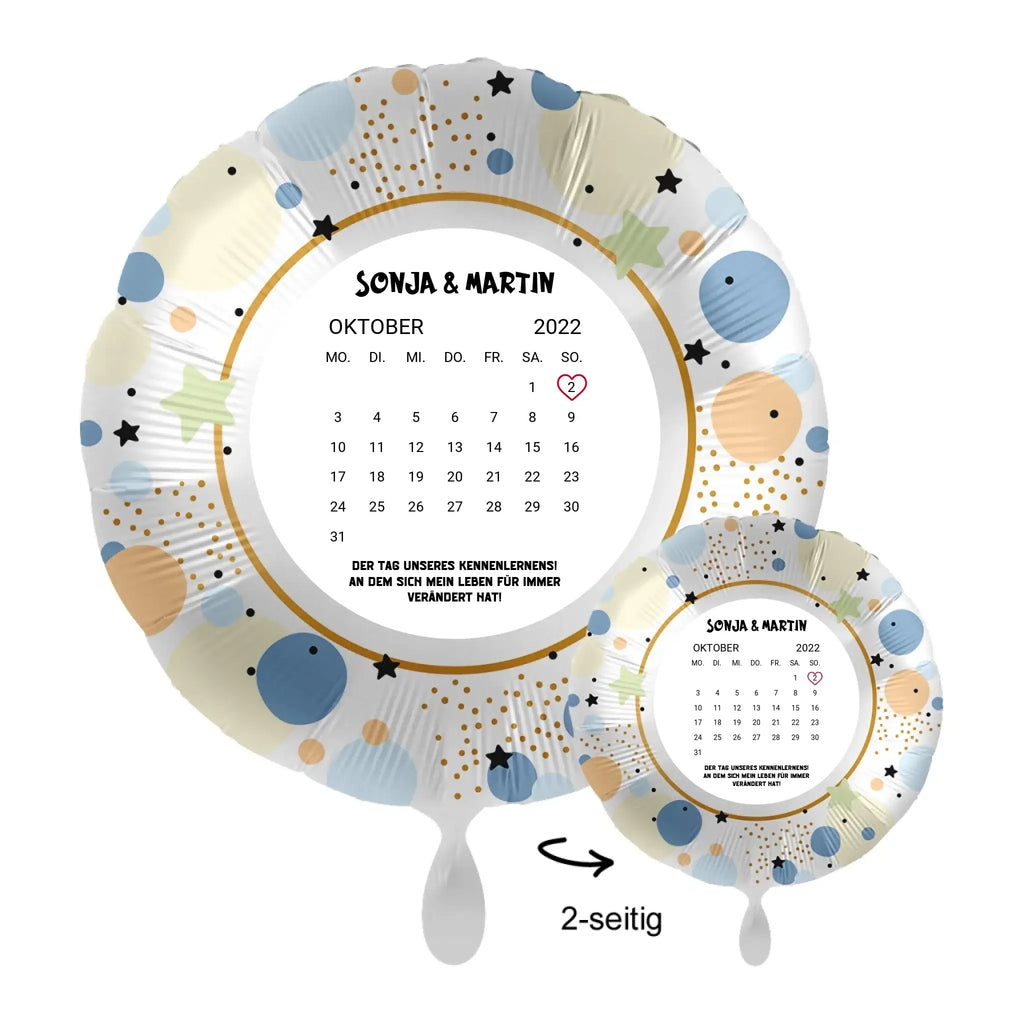 Personalisierbar kalender 43cm luftballon mit oktober 2022 kalender blau beige punkte gold glitzer und namen sonja und martin
