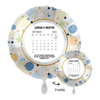 Personalisierbar kalender 43cm luftballon mit oktober 2022 kalender blau beige punkte gold glitzer und namen sonja und martin