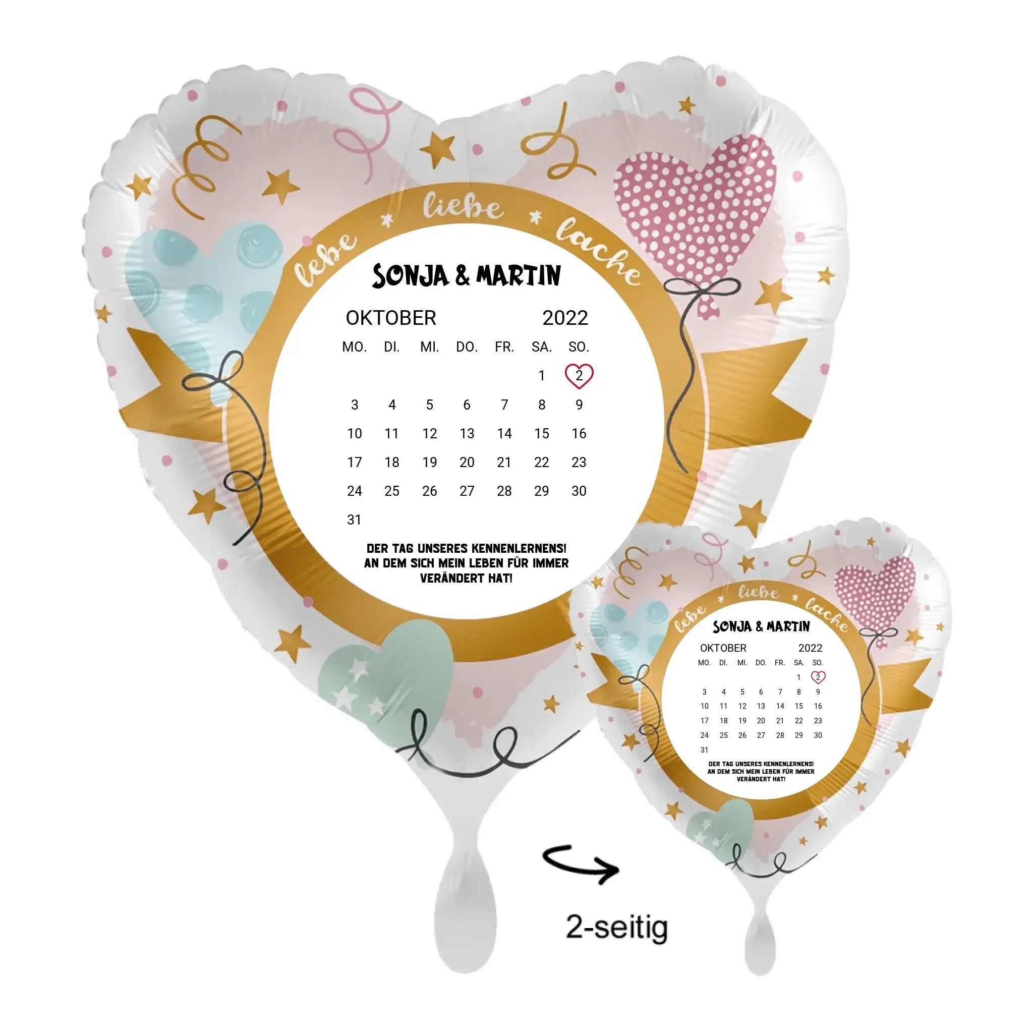 Personalisierbarer 43cm luftballon herzform mit oktober 2022 kalender, rosa gold akzente, pastellblaue luftballons, sterne, sonja und martin namen