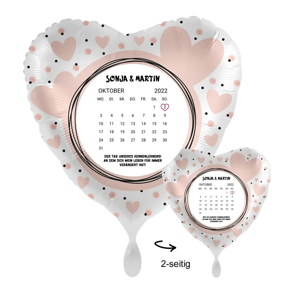 Personalisierbar kalender herz luftigballon weiß mit pinken herzen und schwarzen punkten oktober 2022 für sonja und martin