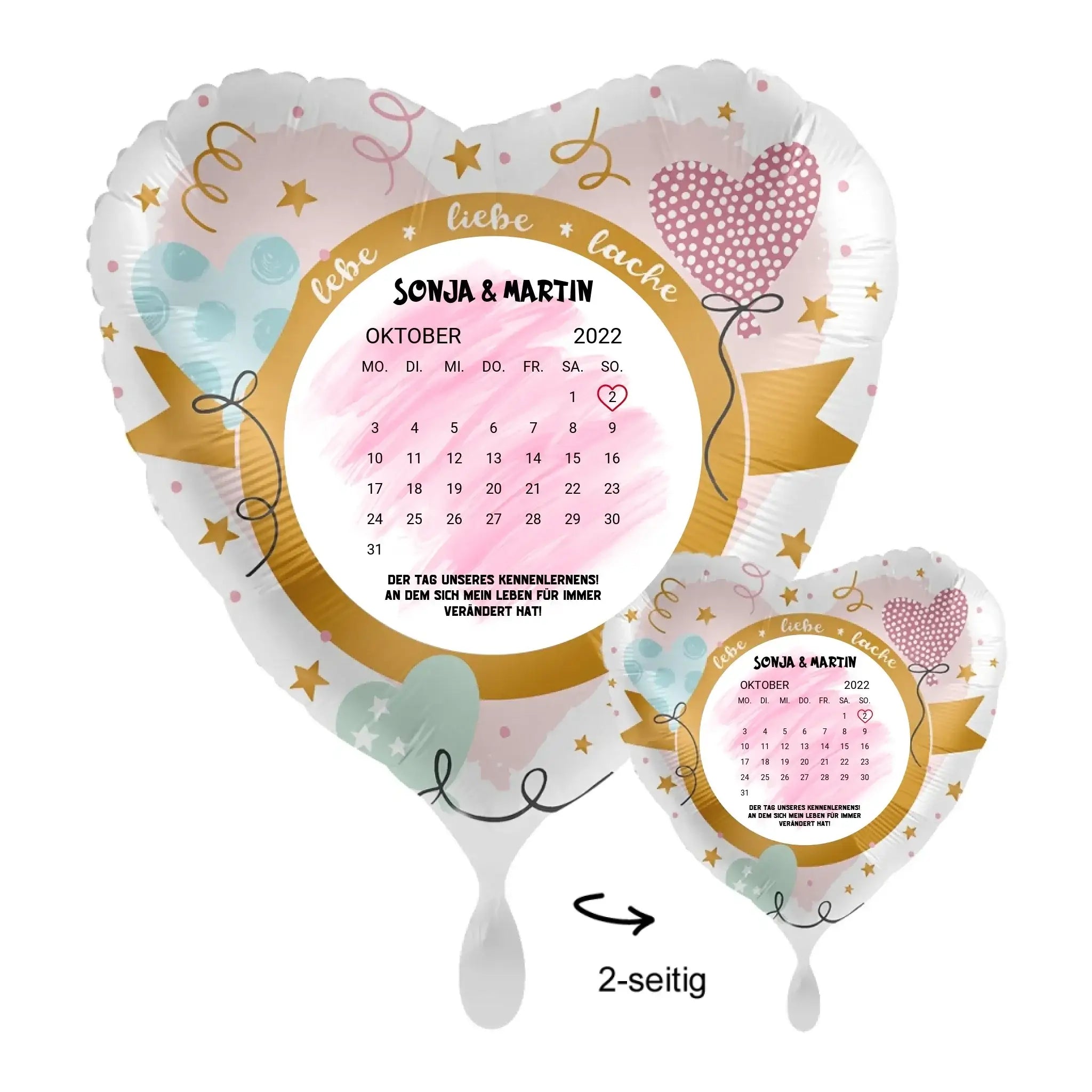 Personalisierbarer herzförmiger 43cm luftballon aus folie mit zweiseitigem 2022 oktober kalender in gold und rosa